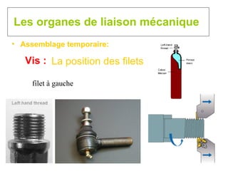 Les organes de liaison mécanique Assemblage temporaire: Vis : La position des filets filet à gauche 