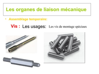 Les organes de liaison mécanique Assemblage temporaire: Vis : Les usages: Les vis de montage spéciaux 