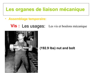 Les organes de liaison mécanique Assemblage temporaire: Vis : Les usages: Les vis et boulons mécanique (192.9 lbs) nut and bolt  