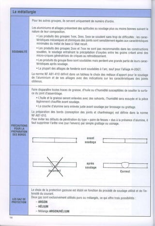 groupes,
Pour autres
   les        ilsservent
                      uniquement
                             denuméro
                                   d,ordre.
Lesaluminiums         présentent
             etalliages       des aptitudes         plus
                                          ausoudage oumoins   bonnessuivantla
nature leur
     de composition.
  'Lesproduits groupes
               des        1xxx,3xxx,5xxxsesoudent trop difficultés;carac-
                                                  sans de           les
  téristiques
           mécaniques etchimiques joints sensiblement aux
                                 des     sont           égales caractéristique
  minimalesmétal base l'état
           du       de    à     recuit.
  'Les produits groupes etTxxx sont recommandés lesconstructions
               des        2xxx       ne    pas            dans
  soudées,soudage
          le                 la précipitation
                     entraînant           d'oxydes lesgrains
                                                   entre       créant des
                                                                     ainsi
              génératrices
  micro-criques          decriques refroidissement.
                                  au
  'Lesproduitsgroupe sont
              du       6xxx soudables perdent grande deleurs
                                        mais       une      partie     carac-
  téristiques soudage.
           après
  ' Laplupart alliagesfonderie soudables sauf I'alliage
            des        de       sont         à l'arc, pour       A-ubGT.
Lanorme A81-410 dans tableauchoix métaux
        NF         définit un          le     des             pour soudage
                                                        d'apport le
deI'aluminium sesalliages desindications lescaractéristiques
             et de           avec                sur               desjoinis
obtenus.

Fairedisparaître traces graisse, oud'humidité
                toutes    de      d'huile          susceptibles
                                                            desouillersurfa-
                                                                    la
cedujointd'assemblage.
   ' Hhuile lagraisse
           et          seront
                            enlevées des
                                  avec solvants, I'humidité essuyéelapièce
                                                         sera     et
   légèrement chauffée soudage.
                      avant
   ' Lacouche           sera    juste
               d'alumine enlevée avant          par
                                         soudage brossagegrattage.
                                                          ou
Lapréparation bords
               des      (conception
                                 desjoints chanfreinage)
                                          et          estdéfinie la norme
                                                               dans
NF487-010.
Pour éviter défauts pénétration ( paire fessesdus laprésence
          les       de         dutype      de      ,   à         d'alumine,
                                                                         il
fautsupprimer vive l'envers) simple
              l'arête (sur       par      grattage usinage.
                                                ou


                                  avant
                                 soudage



                 /

 ffiJi;:î,ffit/orr                                     Gorrect
         ,      /   


Lechoix la protection
       de          gazeuse établi fonction procédé soudage
                          est   en       du      de        utilisb deI'in-
                                                                  et
tensité courant.
      du
     gaz
Deux sont  exclusivement purs mélangés, quioffre
                      utilisés ou         ce      troispossibilités
                                                                 :
   - ARGOiI
   _ HÉLIUM
   - Mélange
           ARG0N/HÉUUM
 
