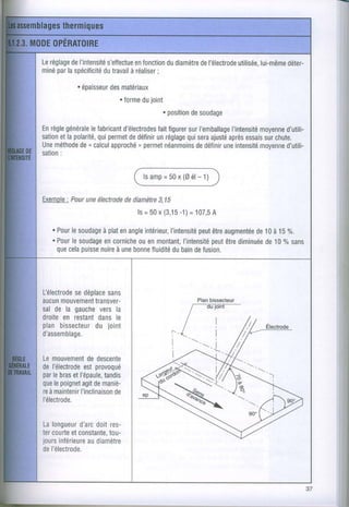 Leréglage I'intensité
        de         s'effectue fonction diamètre l'électrode
                            en       du      de          utilisée,
                                                                lui-même
                                                                       déter-
    par
miné la spécificité travail réaliser
                 du       à       ;
          . épaisseur matériaux
                   des
                      . forme ioint
                            du
                                    . position soudage
                                             de

Enrèglegénéralelefabricant
                        d'électrodesfigurer I'emballage
                                  fait    sur        l'intensité
                                                             moyenned'utili-
sation la polarité, permet définir réglage sera
     et          qui      de      un     qui   ajusté
                                                    après essais chute.
                                                               sur
Une méthode n calcul
           de        approchén permet
                                    néanmoinsdéfinir intensité
                                            de    une        moyenned'utili-
     :
sation


                                    =
                             l sa m p 5 0x ( 0é l - 1 )

Exemole une
     : Pour électrodediamètre
                   de       3,15
                                  -1)
                      ls= 50x (3,15 = 107,5
                                         A
  . Pour soudage enangle
       le     à plat   intérieur,       peut augmentée à 15%.
                               I'intensité être     de10
  . Pour soudagecornicheenmontant,
       le      en     ou                   peut diminuée 7o
                                   l'intensité être   de'10 sans
    que puisse à une
      cela    nuire bonnefluidité bain fusion.
                                du     de




Lélectrodesedéplace
                  sans
aucunmouvementtransver-                          Planbissecteur
sal de la gauche la
                vers
droite restant
      en       dansle
planbissecteur joint
              du
d'assemblage.

Lemouvementdescente
              de
del'électrode provoqué
            est
par bras l'épaule,
   le   et        tandis
que poignet demaniè-
    le      agit
re maintenir
  à        l'inclinaison
                     de
l'électrode.

Lalongueur doitres-
           d'arc
tercourte constante,
        et        tou-
joursinférieurediamètre
             au
del'électrode.
 