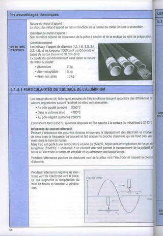 thermiques
  assemblages
Les
                Nature métal
                     du           :
                           d'apport
                Lechoix métal
                      du     d'apport faitenfonction lanature métal base assembler.
                                    se             de       du    de   à
                Diamètre métal
                       du           :
                             d'apport
                Son       dépend l'épaisseur piècesouder delasection joint préparation.
                   diamètre    de        dela    à    et          du     de
                Conditionnement
LESMÉTAUX L e s é t a u x a p p o red i a m è t1 . 21. 6 , 2 . 0 , 2 . 4 ,
              m       d'         dt            re ,
D'APPORTS 3.2, 4.0, delongueur sont
                   et               1000 conditionnés            en
                tubes carton
                     de     d'environmmde0"
                                   50
                Lepoids conditionnementselon nature
                        du            varie la
                dumétal souder:
                       à
                   . Aluminium       2 kS
                   . Acier
                         inoxydable 5 kS
                   . Acier alliés
                         non         10kg


6.1.4.1PARTICULARIÉSSOUDAGETALUMINIUM
                  DU     DE
                 Les          (0)théoriques
                    températures          relevéesI'arc
                                                 de           laissent
                                                      électrique           des         de
                                                                    apparaÎtre différences
                       importantes I'endroit elles mesurées.
                 valeurs         suivant      où    sont
                    . Aupôlepositif
                                 (anode)3000'C
                    . Dans colonne
                         la        d'arc 4700'C
                    . Aupôle      (cathode)
                            négatif      2500"C
                 faluminium à 653'C,
                         fond             disposée couche surface métal à 2040'C.
                                   I'alumine    enfine à la    du    fond
                 lnfluencescouranl
                           du        alternatif
                 Pendant           des        directes inversesdéplacementélectrons changer
                         l'alternance polarités      et       le           des      va
                 desens  avec fréquencecourant faitcraquercouche
                              la        du       et          la              qui      pas
                                                                     d'alumine nefond vrai"
                 ment dans lebain fusion.
                                 de
                 Mais estp0rté une
                      l'arc       à    température de3500"C,
                                                 voisine         dépassant         defusion
                                                                         latempérature    du
                 tungstène (3270"C).Lutilisation courant
                                             d'un               permet basculement polarité
                                                        alternatif   le          dela     et
                                 letemps refroidirdeconserver bonne
                 laissel'électrode
                       à                  de      et            une     tenue.
                                 positive électrons dela pièce l'électrode
                       l'alternance
                 Pendant                les      vont        vers       et cassent couche
                                                                                la
                 d'alumine.


                 Pendant            négative élec-
                         I'alternance      les
                 trons del'électrode lapièce,
                     v0nt             vers                    (ldtr{ill   (lù ioùdagc

                 ce qui augmentetempérature
                                  la           du
                 bain fusion favorise pénétra-
                     de        et       la                                                   '                         i* 1
                                                                                                                        i
                                                                                                                           i
                 tion.
                                                                                 y'"              
                                                                                                                          le
                                                                                                                        il ':'" '
                                                                                                                                   *
                                                                                         i                                              'i'ùùlps

                                                                                         1
                                                                                                           ,                      /
                                                                                                                                    1
                                                                                                                 'l
                                                                                        l+                                     ,r't'
 