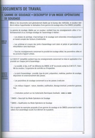 Même lesdocuments généralement par bureau méthodes,
     si        sont          établis le  des      lesoudeur
                                                         doit
être même
   à             laréalisation gamme soudage d'un
        d'appréhender      d'une     de   eVou DMOS  (simplifié).

Lagamme soudage, parunsoudeur,
      de      établie         contient lesrenseignementsà l'or-
                                    tous            utiles
         etau          deI'assemblage :
donnancementmontage-soudage        à réaliser
  - Les
      phases pointage,
           de       d'accrochage soudage ordonnées
                              etde     sont     chronologiquement
  entenant
        compte facteurs
              des      d'antériorités.

  - Lesschémascroquis joints
              et      des   d'assemblageclairs précis permettent
                                     sont    et     et       une
  interprétation équivoque.
            sans

  - Tous renseignements
       les                   leprocédésoudage les
                      concernant    de     utilisé, paramètres et
                                                           utiles
  lesproduits
           d'apport
                 utilisés.

        (simplifié)
LeD.M.0.S1            tous renseignements lamise application
                contient les         concernant en       d'un
     sur    joint
procédé chaque d'assemblage:
  - L+société, leN"deréférence
           lelieu,           duDMOS, leN'duprocès du0 M0 S2,
                                               verbal      I'iden-
  tité soudeur,
      du      I'organisme
                       decontrôled'inspection.
                               ou

  - Lejoint         : procédé, dejoint,
          d'assemblage      type      préparation,   position soudage,
                                               matériau,   de
  disposition
            etordonnancement
                          despasses.

  - Les
      paramètres    concernant lespasses
             desoudage     laou       à exécuter.

  - Les métaux
            d'apport
                  : nature,
                         diamètre,                 protection
                               codification, éventuel,
                                         étuvage           gazeuse,
  flux.

  - l-indication surles
              poftant  traitements     éventuels ousans
                               thermiques    : auec

1DMOSDescriptif
    =      duMode
                Opératoire
                      deSoudage
20M0S Qualification 0pératoireSoudage
    =          duMode      de
Voir      les     proposés gamme soudagedeDMOS
   ci-après exemples    d'une   de       et         laréali-
                                             concernant
     d'un       soudé élémenttuyauterie.
sation assemblage d'un       de
 