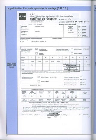 S A F
                                - Saint
                    13, d'Eptuches Ouen
                      rue                      -
                                        I'Aun6ne95315
                                                    Cergy
                                                        Pontoise
                                                               Cedex
                    certificat de réception At,rrxr
                                                 v )Q
                    INSPECTION CERTIFICATE
                    ABNAHMEPRÛFz€UGNIS                                               A NOIRÊ  ÛËRT,FTCAE 313çO?-gl
                                                                                                       F
                SUIVANT NFENlû201|w3.1B                                              Âurrrç nrnon Dmansfl
 Désignation                  SAFERNF 510A                                                              Dimenions                  []       erotooe
 Tmdêmma                                                                                                   Sizes
 Markenbezebhnun                                                                                         Abm6sung
                                                                                                         O X L                     Tl       Filmâssif
                              1000550                                                                                                         Barori0
 Fabication
          n'
 Bâtch
     n'                                                                                                  3,2X 450                  l--l     Baouette
                                                                                                                                            Rod
 Ferligun$.Nr
                                                                                                                                   f]       rittornt
Dôsignalion
          nqmalisêe/ Shndardized
                               designation                           Obsflalion / Remark
Typenbezeichnung
NFA8l                 NF EN 499 - E 423 B 32 H5




        CHIMIQUE
  ANALYSE
  CHEMICÂLÀMLYSIS
                               E      Du mélaldQ6é
                                      of lhe d€pciled mslal
                                                                              Dépolpoû Analysschimiquê
                                                                              Weldpadfor chomidl Anavsis
                                                                                                               fl     sutvnril"rp*                NFEN26M?
  Schweissgul
           Anâlyse

                               f      Du produit
                                      of lhe p.oducl
                                                                                                                l-l   suventtutpt




  CARACTÊRISTIOUES             DU
                      MÊCANIQUES METALDEPOSE,/
                                             mechanical        oftho
                                                      oroDortios
  Mshanhcho Êigensciafl6n


      pour
  Dépôl      essais
                  mécanique
  Dêposilfor m6hoicâl lesl
                                    E      SUIVANT/asper
                                                      NFA81 000                                         Thômique/ Hdl l.@lm6nl
                                                                                               Trailgmônl
                                                                                                                                          T
                                                                                               Monlêo Tmpôtsluro / lhaling Ele
                                                                                                     €n                                   000'611
                                    T             pq
                                           SUIVANT/as
                                                                                                P6iad S@kinglempeElur€
                                                                                                     /                lime                000 'c/       h
                    SUIVANT 1597-1
                          ÉN                                                                    R€lroidis8em€nl
                                                                                                            / C@ling
                                                                                                                   mlo                    000'c/h




                 RESULTATS CONFORMES AU CODE ASME SECTION II PART C SFA 5.1 E 7O1E

                       Je sMdgné ædifie qre lds 16 esais 6l vérifidlionseffstués sur h fdmitue précilé€sool msignés surle Fésflt
                       CERTIFICAT qF l€ursrésullals lot aulrelsnseign€mont @mplslsel sinoèrs.
                                 €l                 êl                         sml
     W6 æ.ilry hâl theslalemenls lhh reportafe er6t andlhat lho t6t wsldswer€pr€pared
                                 in                                                        wd& andtestsdin a@rdaM with ho re$ielomônls sb@smstimn€d:
     Die unl€rzoachmndsn  bêslâligenhi€fmil,dâssôllei0 Bezug de o.g.Li€ferung
                                                              auf                 âùsgshu.lônVers$hs undUbéprtifung€n dmsm Wqkzeugnisauslamhil shd
                                                                                                                    in
     dassihreErg€bnisso ieglichê
                         oder        weilereAusk0nfl vollslâftIg underhrlichsind.
   Ls chelduSeNi@       qralilé
                 conlrôle                   Signalurê conlrôlo
                                                   sm        informalh@ DIÉUDONNE
                                                                      Mr
                                                        I coouANTsA I
  I MPs= 1 Nmm'=1i10hba -0,1M kgf/mm"                                        1J=0'102ksr'm                                          Dâre o5/01/lse
                                                        iî.cêrtiticatn"tÆl                                                                     :
                                                        lp"o" ^l^          |
 