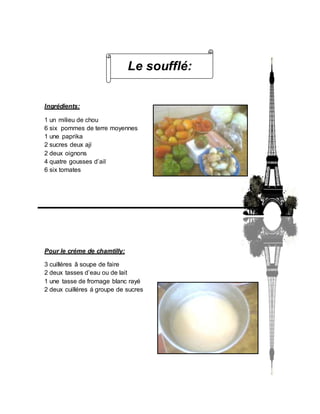 Le soufflé:
Ingrédients:
1 un milieu de chou
6 six pommes de terre moyennes
1 une paprika
2 sucres deux ají
2 deux oignons
4 quatre gousses d’ail
6 six tomates
Pour le créme de chamtilly:
3 cuilléres â soupe de faire
2 deux tasses d’eau ou de lait
1 une tasse de fromage blanc rayé
2 deux cuilléres á groupe de sucres
 