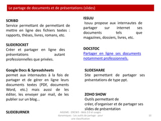 Le microbloggingLe microblog (parfois appelé miniblogue) est un dérivé concis du blog, qui permet de publier un court article, plus court que dans les blogs classiques, les articles pouvant être de type texte court, mais peuvent également contenir une image ou même une vidéo embarquée, Les flux d'agrégation sont plus légers que dans les blogs traditionnels et peuvent contenir tout le message. La diffusion peut également être restreinte par l'éditeur à un cercle de personnes désirées.Le but des microblog est de pouvoir diffuser plus souvent des informations en se limitant au minimum utile. à mi-chemin entre messageries instantanées et blogs. Comme le blog il garde la permanence d'un archivage web, et comme la messagerie instantanée, il permet la diffusion en temps réel d'informations jugées pertinentes par son ou ses éditeurs .                                             WIKIPEDIASITES OFFRANT CE SERVICE:Twitter