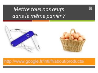 Mettre tous nos œufs
dans le même panier ?
http://www.google.fr/intl/fr/about/products/
 