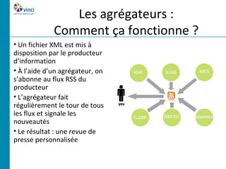Les agrégateurs :
             Comment ça fonctionne ?
• Un fichier XML est mis à
disposition par le producteur
d’information
• À l’aide d’un agrégateur, on
s’abonne au flux RSS du
producteur
• L’agrégateur fait
régulièrement le tour de tous
les flux et signale les
nouveautés
• Le résultat : une revue de
presse personnalisée
 