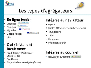 Les types d’agrégateurs
• En ligne (web)                   Intégrés au navigateur
•   Bloglines                      •   Opera
•   Netvibes                       •   Firefox (Marque-pages dynamiques)
•   My Yahoo                       •   Thunderbird
•   Google Reader
                                   •   Safari
•   etc.
                                   •   Konqueror
                                   •   Internet Explorer
• Qui s’installent
  localement
• Feed Reader, RSS Reader,         Intégrés au courriel
  SharpReader                      •   Newsgator (Outlook)
• FeedDemon
• Amphetadesk (multi-plateforme)
 