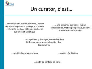 Un curator, c’est…

… quelqu’un qui, continuellement, trouve,
                                                     … une personne qui traite, évalue,
regroupe, organise et partage le contenu
                                                 contextualise, met en perspective, enrichit
 en ligne le meilleur et le plus pertinent
                                                         et rediffuse l’information
         sur un sujet spécifique


                   … un aiguilleur qui analyse, trie et distribue
                      l’information du web en fonction des
                                   destinataires


      … un dépollueur de contenu                          … un tiers facilitateur


                               … un DJ de contenu en ligne
 