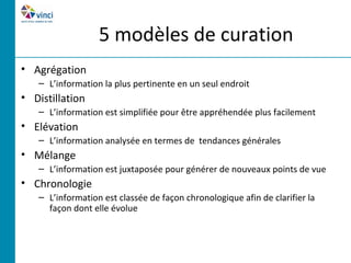 5 modèles de curation
• Agrégation
   – L’information la plus pertinente en un seul endroit
• Distillation
   – L’information est simplifiée pour être appréhendée plus facilement
• Elévation
   – L’information analysée en termes de tendances générales
• Mélange
   – L’information est juxtaposée pour générer de nouveaux points de vue
• Chronologie
   – L’information est classée de façon chronologique afin de clarifier la
     façon dont elle évolue
 