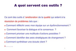A quoi servent ces outils ?

Ce sont des outils d ’amélioration de la qualité qui aident à la
résolution de problèmes tels que :




Comment réfléchir avec mon équipe sur un dysfonctionnement ?

Comment favoriser le dialogue et le consensus ?



Comment prioriser une multitude d’actions possibles ?



Comment identifier des axes stratégiques de changement ?



Comment synthétiser une écoute client ?



……….
4

 