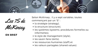 la stratégie (strategy),
la structure (structure),
les systèmes (systems, procédures formelles ou
informelles),
le style de management (style),
les savoir-faire (skills),
les ressources humaines (staff) et
les valeurs partagées (shared values).
Selon McKinsey , il y a sept variables, toutes
commençant par un "S" :
Les 7S de
McKinsey
EN BREF
 
