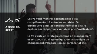 Les 7S vont montrer l'adaptabilité et la
complémentarité entre les variables. On
distinguera ainsi les variables difficiles à faire
évoluer par rapport aux variables plus "malléables".
Le 7S existe en stratégie comme en management
et sert pour: du diagnostique, de la stratégie de
changement, l'élaboration de partenariat etc..
Les 7S
A QUOI ÇA
SERT?
 