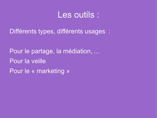 Des exemples : Web 1.0 // Web 2.0 Britannica Online  –> Wikipedia sites perso  –> blogs publication  –> participation systèmes de gestion de contenu  –> wikis rigidité du contenu  –> syndication de  contenu 