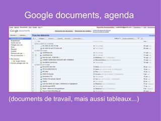 Google documents, agenda




(documents de travail, mais aussi tableaux...)
 