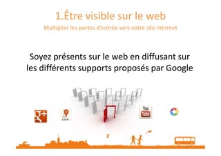 1.Être visible sur le web
Multiplier les portes d’entrée vers votre site internet

Soyez présents sur le web en diffusant sur
les différents supports proposés par Google

 