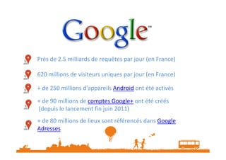Près de 2.5 milliards de requêtes par jour (en France)
620 millions de visiteurs uniques par jour (en France)
+ de 250 millions d'appareils Android ont été activés
+ de 90 millions de comptes Google+ ont été créés
(depuis le lancement fin juin 2011)
+ de 80 millions de lieux sont référencés dans Google
Adresses

 