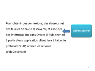 29
Web Discoverer.
Pour obtenir des connexions, des classeurs et
des feuilles de calcul Discoverer, et exécuter
des interrogations dans Oracle BI Publisher ou
à partir d'une application client Java à l'aide du
protocole SOAP, utilisez les services
Web Discoverer
 