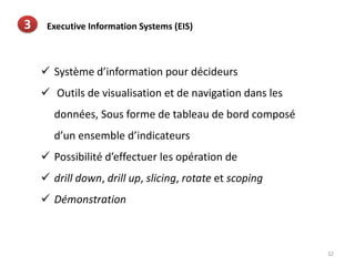 32
3 Executive Information Systems (EIS)
 Système d’information pour décideurs
 Outils de visualisation et de navigation dans les
données, Sous forme de tableau de bord composé
d’un ensemble d’indicateurs
 Possibilité d’effectuer les opération de
 drill down, drill up, slicing, rotate et scoping
 Démonstration
 