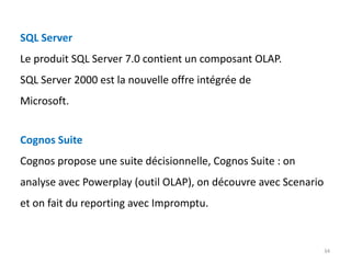 34
SQL Server
Le produit SQL Server 7.0 contient un composant OLAP.
SQL Server 2000 est la nouvelle offre intégrée de
Microsoft.
Cognos Suite
Cognos propose une suite décisionnelle, Cognos Suite : on
analyse avec Powerplay (outil OLAP), on découvre avec Scenario
et on fait du reporting avec Impromptu.
 