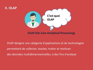 6
II. OLAP
C’est quoi
OLAP
OLAP (On-Line Analytical Processing)
OLAP désigne une catégorie d'applications et de technologies
permettant de collecter, stocker, traiter et restituer
des données multidimensionnelles, à des fins d'analyse
 