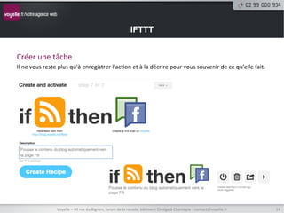 IFTTT


Créer	
  une	
  tâche	
  
Il	
  ne	
  vous	
  reste	
  plus	
  qu'à	
  enregistrer	
  l'ac8on	
  et	
  à	
  la	
  décrire	
  pour	
  vous	
  souvenir	
  de	
  ce	
  qu'elle	
  fait.	
  




                         Voyelle	
  –	
  40	
  rue	
  du	
  Bignon,	
  forum	
  de	
  la	
  rocade,	
  bâ8ment	
  Oméga	
  à	
  Chantepie	
  -­‐	
  contact@voyelle.fr	
     14	
  
 