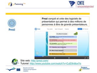Prezi conçoit et crée des logiciels de
présentation qui permet à des millions de
personnes à être de grands présentateurs.
Site web: http://prezi.com/
Tutoriel: http://www.youtube.com/watch?v=CuE0ln8oxYs
 