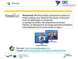PictureTrail offre Photo Editor gratuitement comme un
moyen pratique pour retoucher les photos numériques
avant de télécharger ou d'imprimer.
Le partage de photos, des diaporamas de photos
fraîches, et hébergement de l'image permettra d'améliorer
votre expérience de la communauté en ligne. !
Site web: https://www.picturetrail.com/
Tutoriel: http://www.youtube.com/watch?v=lvBKNTXS7S0
 