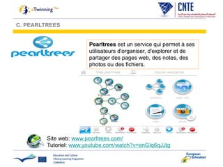 Pearltrees est un service qui permet à ses
utilisateurs d'organiser, d'explorer et de
partager des pages web, des notes, des
photos ou des fichiers.
Site web: www.pearltrees.com/
Tutoriel: www.youtube.com/watch?v=anGIq6qJJtg
C. PEARLTREES
 