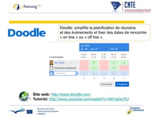 Doodle: simplifie la planification de réunions
et des évènements et fixer des dates de rencontre
« on line » ou « off line ».
Site web: http://www;doodle.com
Tutoriel: http://www.youtube.com/watch?v=i8tYsjhwTlU
 