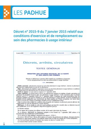 14
LES PADHUE
w
w
14
Décret n° 2015-9 du 7 janvier 2015 relatif aux
conditions d'exercice et de remplacement au
sein des pharmacies à usage intérieur
 