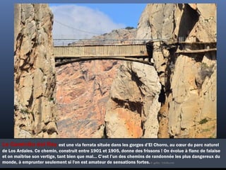 Le Caminito del Rey est une via ferrata située dans les gorges d’El Chorro, au cœur du parc naturel
de Los Ardales. Ce chemin, construit entre 1901 et 1905, donne des frissons ! On évolue à flanc de falaise
et on maîtrise son vertige, tant bien que mal… C’est l’un des chemins de randonnée les plus dangereux du
monde, à emprunter seulement si l'on est amateur de sensations fortes.©  gallas - Fotolia.com
 