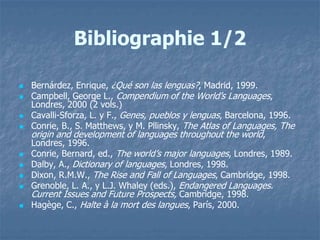 Bibliographie 1/2 
 Bernárdez, Enrique, ¿Qué son las lenguas?, Madrid, 1999. 
 Campbell, George L., Compendium of the World’s Languages, 
Londres, 2000 (2 vols.) 
 Cavalli-Sforza, L. y F., Genes, pueblos y lenguas, Barcelona, 1996. 
 Conrie, B., S. Matthews, y M. Pllinsky, The Atlas of Languages, The 
origin and development of languages throughout the world, 
Londres, 1996. 
 Conrie, Bernard, ed., The world’s major languages, Londres, 1989. 
 Dalby, A., Dictionary of languages, Londres, 1998. 
 Dixon, R.M.W., The Rise and Fall of Languages, Cambridge, 1998. 
 Grenoble, L. A., y L.J. Whaley (eds.), Endangered Languages. 
Current Issues and Future Prospects, Cambridge, 1998. 
 Hagège, C., Halte à la mort des langues, París, 2000. 
 