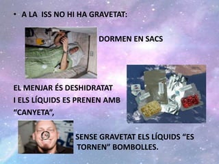 • A LA ISS NO HI HA GRAVETAT:
DORMEN EN SACS
EL MENJAR ÉS DESHIDRATAT
I ELS LÍQUIDS ES PRENEN AMB
“CANYETA”,
SENSE GRAVETAT ELS LÍQUIDS “ES
TORNE TORNEN” BOMBOLLES.
 