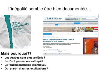 L’inégalité semble être bien documentée… 
Mais pourquoi?? 
• Les Arabes sont plus arriérés? 
• Ils n’ont pas encore rattrapé? 
• Le fondamentalisme islamique? 
• Ou, y-a-t-il d’autres explications? 
 