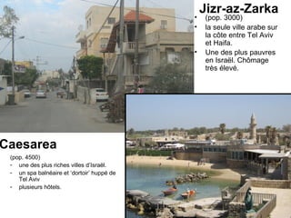 Jizr-az-Zarka 
(pop. 4500) 
- une des plus riches villes d’Israël. 
- un spa balnéaire et ‘dortoir’ huppé de 
Tel Aviv 
- plusieurs hôtels. 
• (pop. 3000) 
• la seule ville arabe sur 
la côte entre Tel Aviv 
et Haifa. 
• Une des plus pauvres 
en Israël. Chômage 
très élevé. 
Caesarea 
 