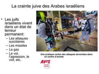 La crainte juive des Arabes israéliens 
• Les juifs 
israeliens vivent 
dans un état de 
terreur 
permanent: 
– Les attaques 
suicidaires 
– Les missiles 
– Le gaz 
– Le vol, 
l’agression, le 
viol, etc. 
Une pratique contre des attaques terroristes dans 
un centre d’achats 
 
