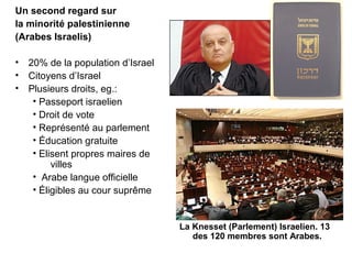 Un second regard sur 
la minorité palestinienne 
(Arabes Israelis) 
• 20% de la population d’Israel 
• Citoyens d’Israel 
• Plusieurs droits, eg.: 
• Passeport israelien 
• Droit de vote 
• Représenté au parlement 
• Éducation gratuite 
• Elisent propres maires de 
villes 
• Arabe langue officielle 
• Éligibles au cour suprême 
La Knesset (Parlement) Israelien. 13 
des 120 membres sont Arabes. 
 