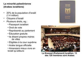 La minorité palestinienne 
(Arabes israéliens) 
• 20% de la population d’Israël 
(1.4 million) 
• Citoyens d’Israël 
• Plusieurs droits, eg.: 
• Passeport israélien 
• Droit de vote 
• Représenté au parlement 
• Éducation gratuite 
• ils élisent propres maires 
de villes 
• Éligibles à la cour suprême 
• Arabe langue officielle 
• Aimeraient mieux vivre en 
Israël qu’ailleurs 
La Knesset (Parlement) Israëlien. 13 
des 120 membres sont Arabes 
 