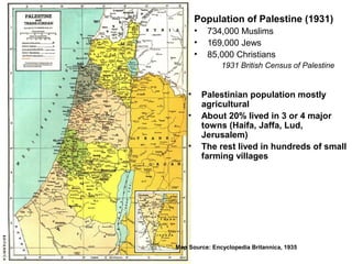 Population of Palestine (1931) 
• 734,000 Muslims 
• 169,000 Jews 
• 85,000 Christians 
1931 British Census of Palestine 
• Palestinian population mostly 
agricultural 
• About 20% lived in 3 or 4 major 
towns (Haifa, Jaffa, Lud, 
Jerusalem) 
• The rest lived in hundreds of small 
farming villages 
Map Source: Encyclopedia Britannica, 1935 
 