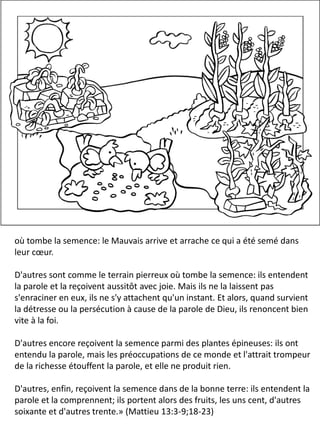 où tombe la semence: le Mauvais arrive et arrache ce qui a été semé dans
leur cœur.
D'autres sont comme le terrain pierreux où tombe la semence: ils entendent
la parole et la reçoivent aussitôt avec joie. Mais ils ne la laissent pas
s'enraciner en eux, ils ne s'y attachent qu'un instant. Et alors, quand survient
la détresse ou la persécution à cause de la parole de Dieu, ils renoncent bien
vite à la foi.
D'autres encore reçoivent la semence parmi des plantes épineuses: ils ont
entendu la parole, mais les préoccupations de ce monde et l'attrait trompeur
de la richesse étouffent la parole, et elle ne produit rien.
D'autres, enfin, reçoivent la semence dans de la bonne terre: ils entendent la
parole et la comprennent; ils portent alors des fruits, les uns cent, d'autres
soixante et d'autres trente.» (Mattieu 13:3-9;18-23)
 