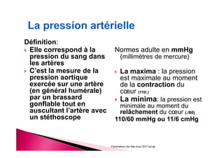 Définition:
Elle correspond à la
pression du sang dans
les artères
C’est la mesure de la
pression aortique
exercée sur une artère
(en général humérale)
par un brassard
gonflable tout en
auscultant l’artère avec
un stéthoscope
Normes adulte en mmHg
(millimètres de mercure)
La maxima : la pression
est maximale au moment
de la contraction du
cœur (110/.)
La minima: la pression est
minimale au moment du
relâchement du cœur (./60)
110/60 mmHg ou 11/6 cmHg
Paramètres Vitx Ifas chun 2017 bd gb
 