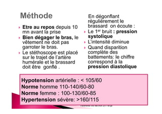 Etre au repos depuis 10
mn avant la prise
Bien dégager le bras, le
vêtement ne doit pas
garroter le bras.
Le stéthoscope est placé
sur le trajet de l’artère
humérale et le brassard
doit être gonflé .
En dégonflant
régulièrement le
brassard on écoute :
Le 1er bruit : pression
systolique
L’intensité diminue
Quand disparition
complète des
battements: le chiffre
correspond à la
pression diastolique
Paramètres Vitx Ifas chun 2017 bd gb
Hypotension artérielle : < 105/60
Norme homme 110-140/60-80
Norme femme : 100-130/60-85
Hypertension sévère: >160/115
 