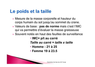 Mesure de la masse corporelle et hauteur du
corps humain du sol jusqu’au sommet du crane.
Valeurs de base : pas de norme mais c’est l’IMC
qui va permettre d’évaluer la masse graisseuse
Souvent notés en haut des feuilles de surveillance
IMC= p/t au carré
Taille au carré = taille x taille
Homme : 21 à 25
Femme 19 à 23.5
Paramètres Vitx Ifas chun 2017 bd gb
 