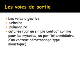  Les voies digestive
 urinaire
 pulmonaire
 cutanée (par un simple contact comme
pour les mycoses, ou par l’intermédiaire
d’un vecteur hématophage type
moustique)
 