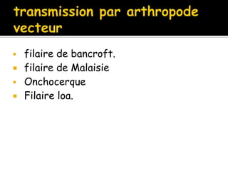  filaire de bancroft.
 filaire de Malaisie
 Onchocerque
 Filaire loa.
 