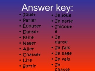 Answer key:
•   Jouer     • Je joue
•   Parler    • Je parle
•   Écouter   • J’écout
•   Danser      e
•   Faire     • Je
•   Nager       danse
•   Aller     • Je fais
•   Chatter   • Je nage
•   Lire      • Je vais
•   Sortir    • Je
                chatte
 