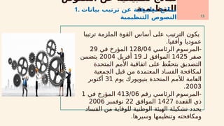 ‫النصوص‬ ‫عن‬ ‫تطبيقية‬ ‫نماذج‬
‫التنظيمية‬
‫ترتيبا‬ ‫الملزمة‬ ‫القوة‬ ‫أساس‬ ‫على‬ ‫الترتيب‬ ‫يكون‬
.‫وأفقيا‬ ‫عموديا‬
‫الرئاسي‬ ‫المرسوم‬-
128/04
‫في‬ ‫المؤرخ‬
29
‫صفر‬
1425
‫لـ‬ ‫الموافق‬
19
‫أفريل‬
2004
‫يتضمن‬
‫المتحدة‬ ‫األمم‬ ‫اتفاقية‬ ‫على‬ ‫ّظ‬‫ف‬‫بتح‬ ‫التصديق‬
‫الجمعية‬ ‫قبل‬ ‫من‬ ‫المعتمدة‬ ‫الفساد‬ ‫لمكافحة‬
‫يوم‬ ‫بنيويورك‬ ‫المتحدة‬ ‫لألمم‬ ‫امة‬x
‫ع‬‫ال‬
31
‫أكتوبر‬
2003
.
‫رقم‬ ‫الرئاسي‬ ‫المرسوم‬-
413/06
‫في‬ ‫المؤرخ‬
1
‫دة‬x
‫ع‬‫الق‬ ‫ذي‬
1427
‫الموافق‬
22
‫نوفمبر‬
2006
‫الفساد‬ ‫من‬ ‫للوقاية‬ ‫الوطنية‬ ‫الهيئة‬ ‫تشكيلة‬ ‫يحدد‬
.‫وسيرها‬ ‫وتنظيمها‬ ‫ومكافحته‬
13
1. ‫بيانات‬ ‫ترتيب‬ ‫عن‬ ‫تطبيقية‬ ‫نماذج‬
‫التنظيمية‬ ‫النصوص‬
 