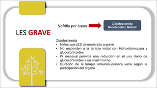 LES	GRAVE
Nefritis por lupus
Ciclofosfamida
Micofenolato Mofetil
Ciclofosfamida
• Niños con LES de moderado a grave
• No responden a la terapia inicial con hidroxicloroquina y
glucocorticoides
• IV mensual permitía una reducción en el uso diario de
glucocorticoides a un nivel mínimo
• Duración de la terapia inmunosupresora varía según la
participación del órgano
 